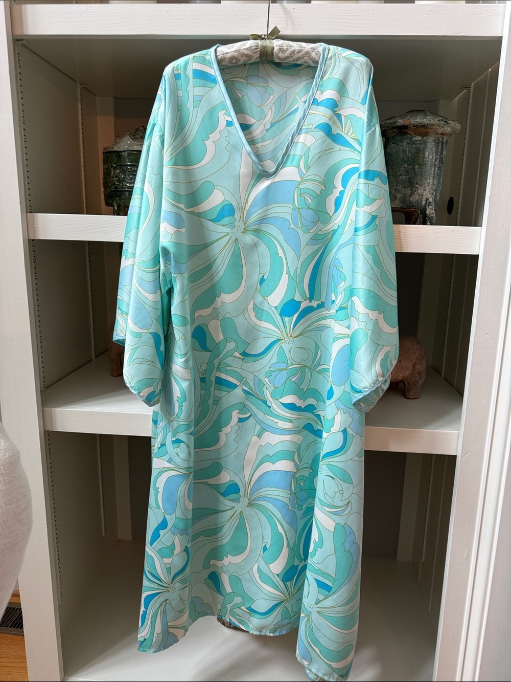 Vintage Natori Saks Fifth Avenue Blue Pucci Style Print Caftan Dress Lounge wear